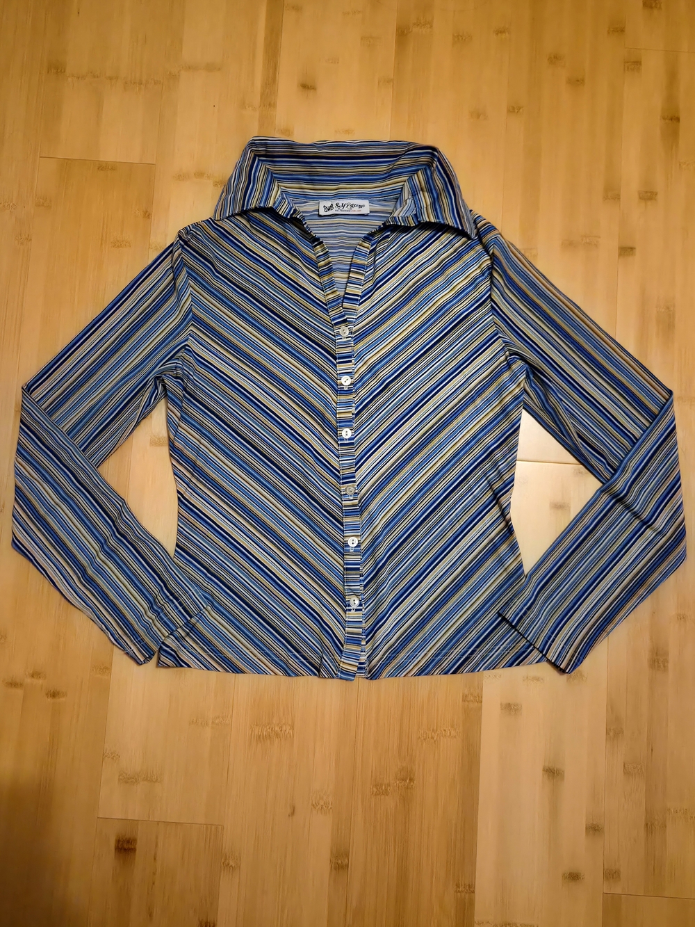 Vintage Self Esteem Y2K Diagonal Stripe Button Down Shirt Blue Beige Stretch S
